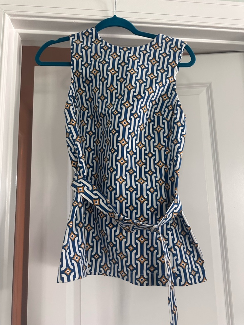 Boden Blue, White and Tan Geometric Sleeveless Belted Tunic